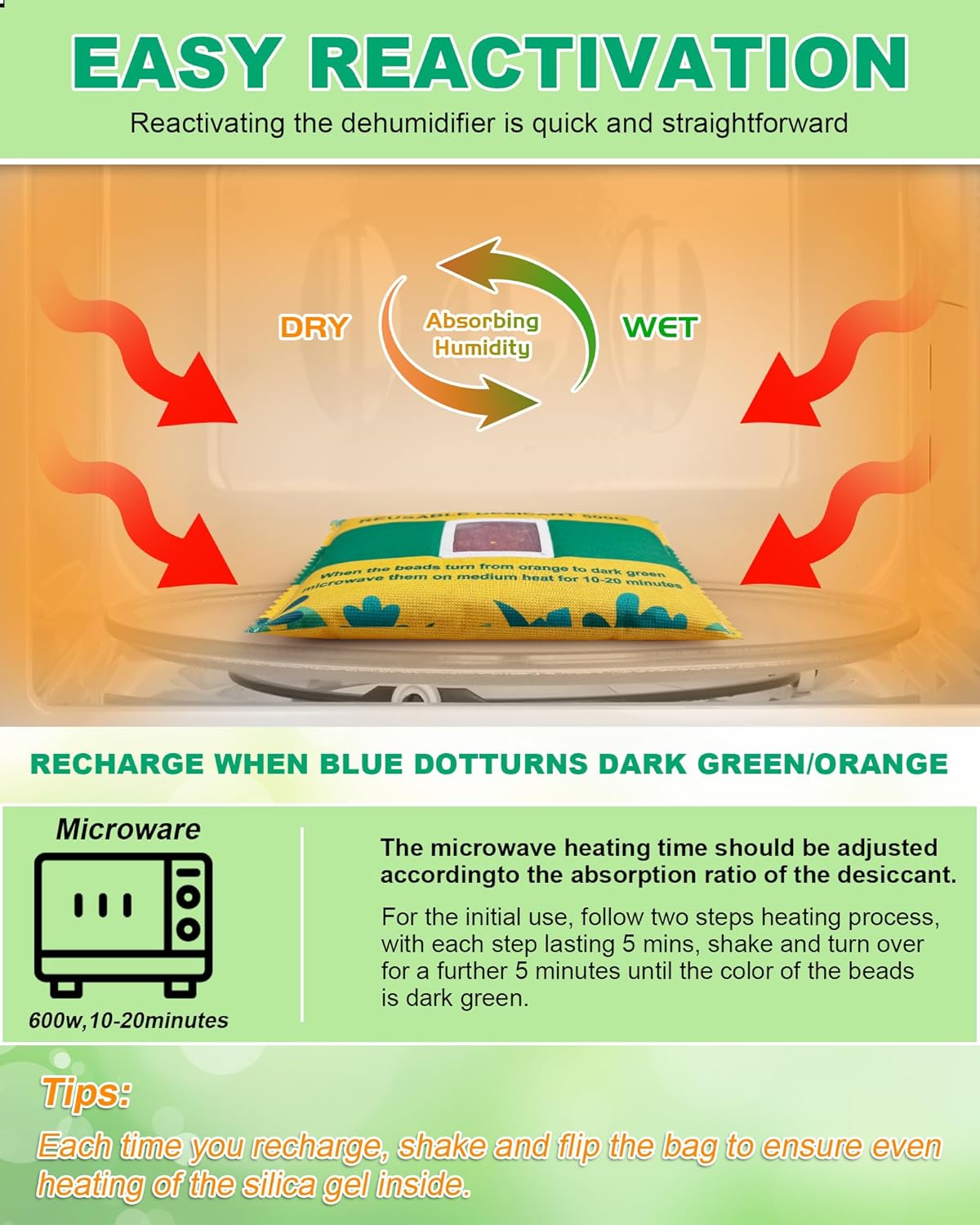 Rechargeable Desiccant Pack 2 x 500g, Moisture Absorber with Transparent Indicator Window, Silica Gel Desiccant Dehumidifier for Closet, Basement, Gun Safe, RV,Garage & Storage