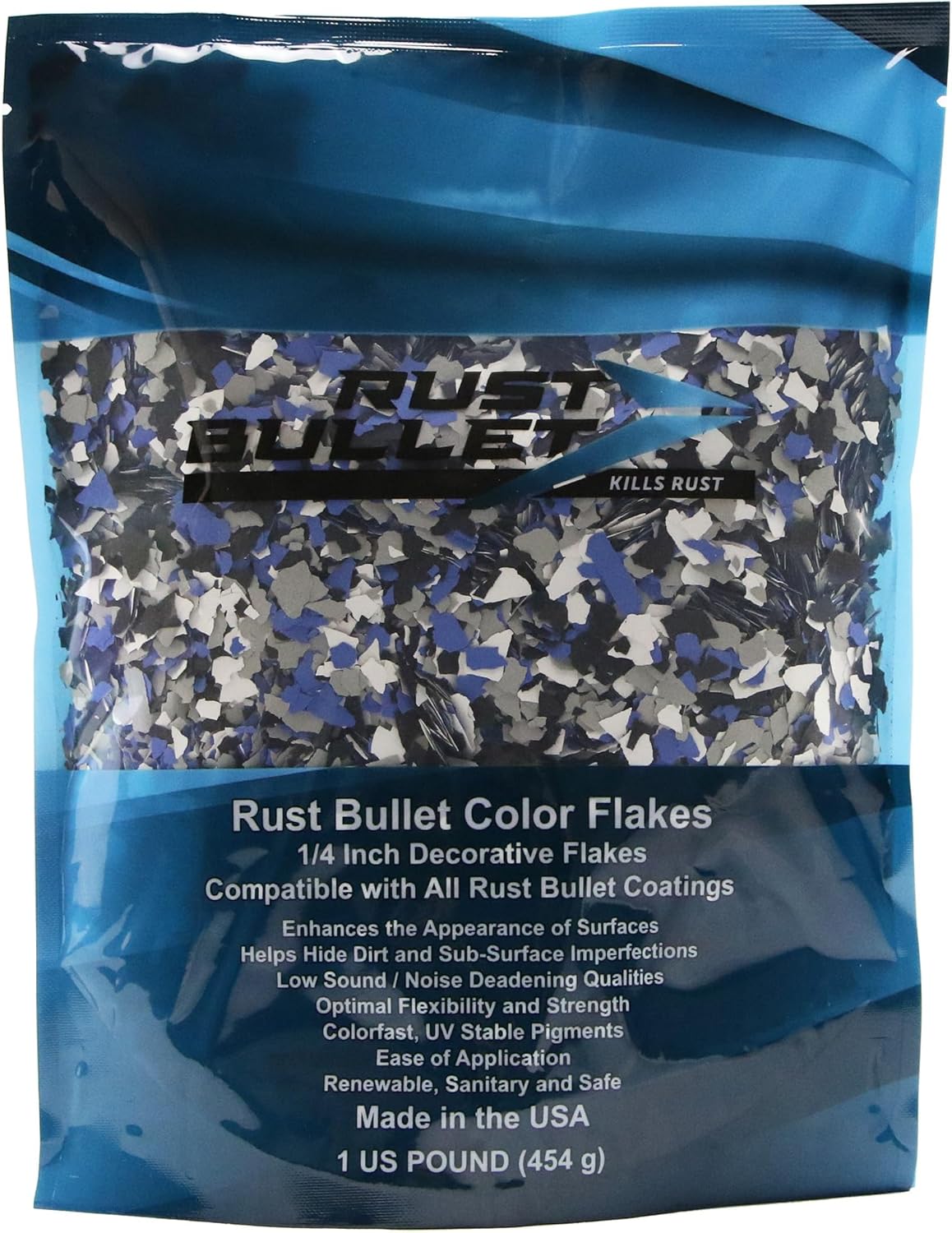 RUST BULLET Decorative Color Flakes - Electric Blue - Customize Concrete Floors with 1 LB of Durable, UV-Resistant Vinyl Chips for Stunning, Long-Lasting Designs
