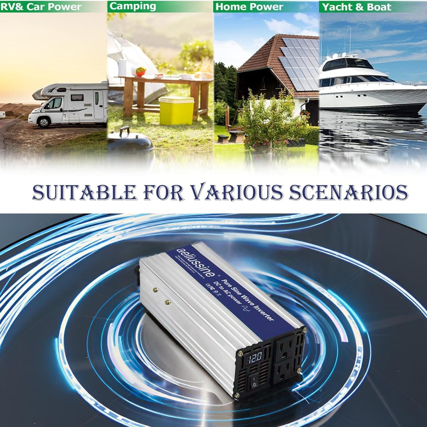 1000W Pure Sine Wave Inverter-48V DC to 110V 120V AC Power Converter with 2 AC Outlets, 48 Volt Power Inverter for Home, Emergency Power