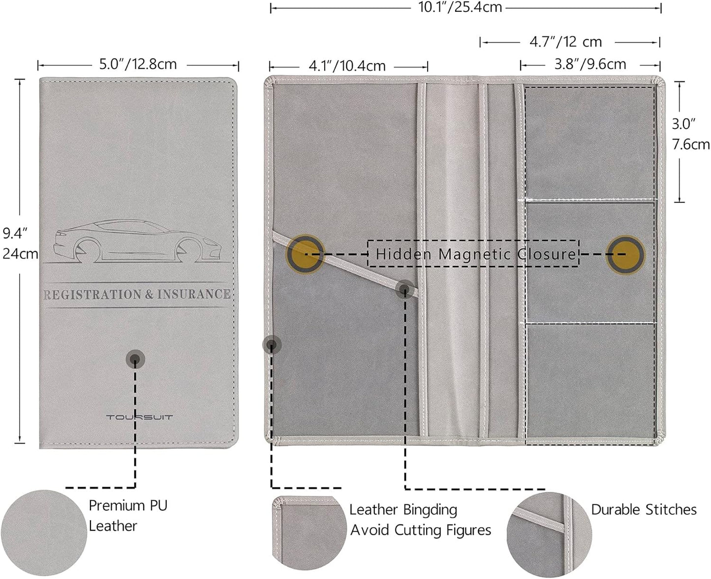 TOURSUIT Car Registration and Insurance Card Holder, Vehicle License Document Glove Box Compartment Organizer, Interior Car Accessories for Women Men Teens (Grey)
