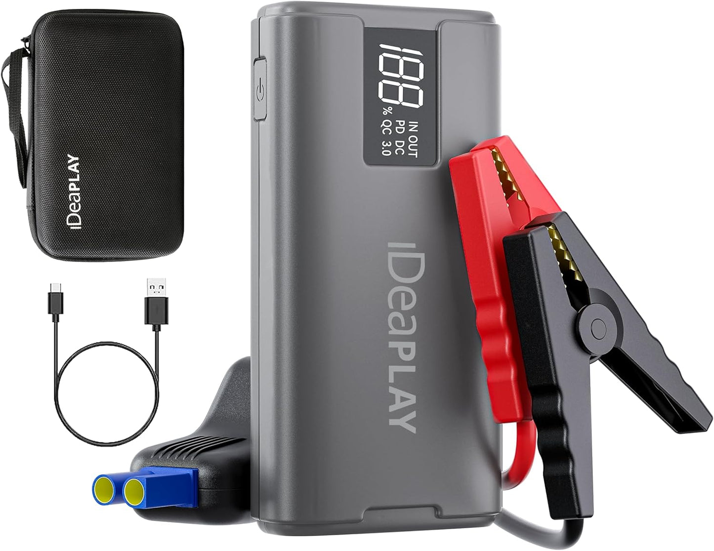 IDEAPLAY J10 Jump Starter, 2000A 12V Car Battery Jump Starter Portable for Up to 8.0L Gas and 7.0L Diesel Engine, Jump Box with Jumper Cables, Type C Fast Charging Battery Jumper with LED Flashlight