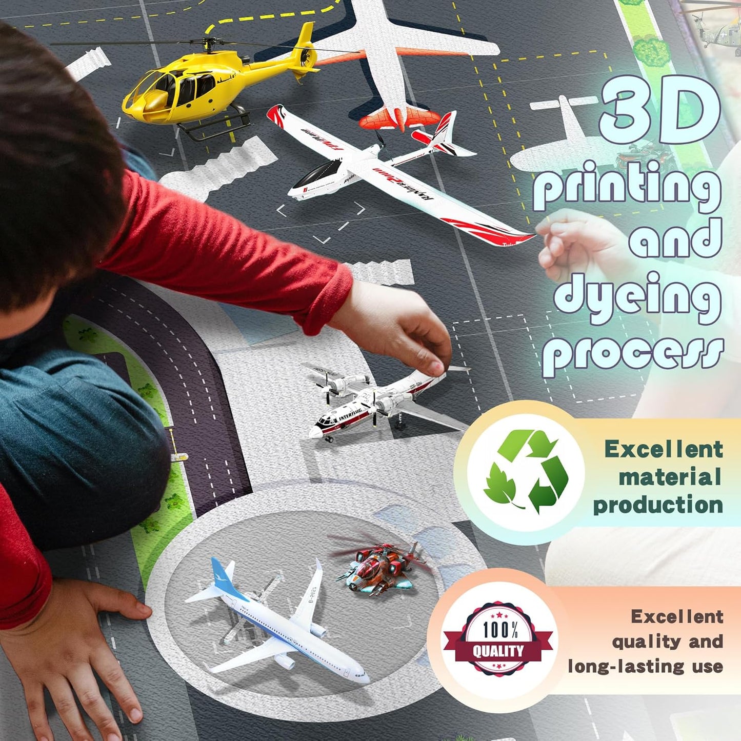 Play Rug for Playroom 2x3 Airport Carpet for Boys Bedroom with Combined City Road Traffic System Aircraft Runway Playmat Rugs Carpet Non-Slip Washable Area Mat