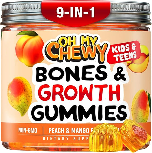 Center-Filled Bones & Growth Support Gummies - Supplement Vitamins for Kids & Teens with Calcium, Astragalus, D3, K2 & Omithine HCI - Peach & Mango - 60 Count