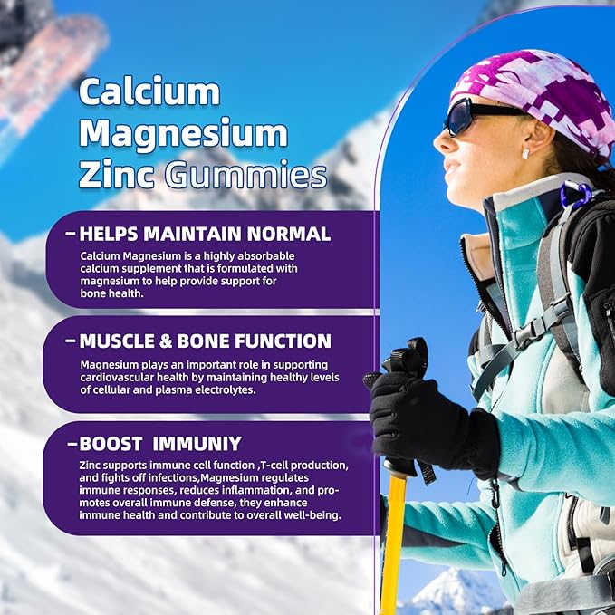 Calcium Magnesium Zinc Gummies with Vitamin D3 & K2 - High Potency Enhanced Absorption -60 Blueberry Gummies Flavored