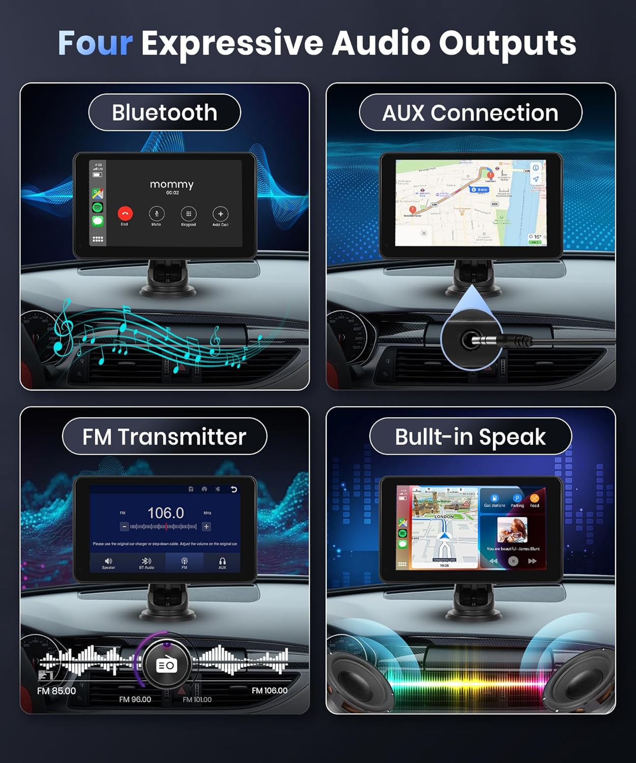 Podofo Wireless Carplay Screen for Car,7inch 1080P HD IPS Touch Screen Portable Car Radio Audio Receivers, Wireless Android Auto Screen 2 Mount/2 Bluetooth/MirrorLink/GPS/Voice Control/AUX/FM Transmit