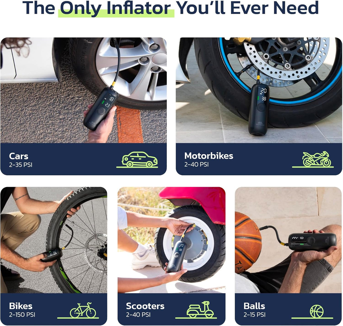 Woowind Tire Inflator Portable Air Compressor, Electric Bike Tire Pump with Gauge, Air Pump for Car Tires, 150PSI, Mobile Air Compressor for Car, Motorcycle