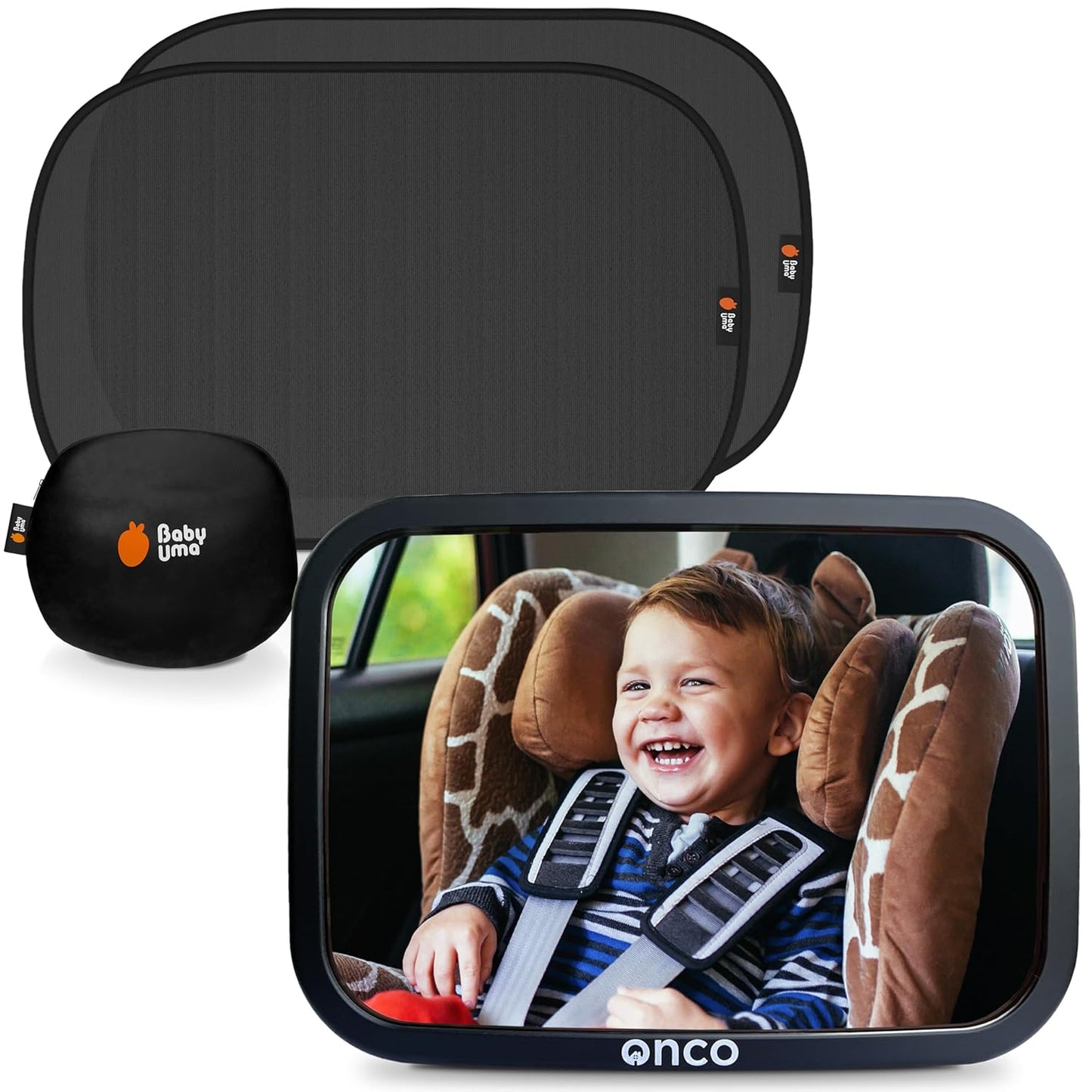 Onco Baby Car Mirror & Car Window Shades Bundle (18.9″ × 12″) - UPF 50+ Window Shade, 100% Shatter-Proof Car Mirror for Baby, Universal Shades & Mirror