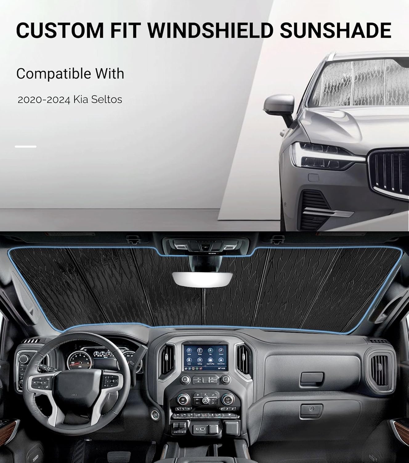 Windshield Sun Shade for Kia Seltos 2020-2024,Front Window Sunshade Shield, 2-in-1 Reflective Sun Shade,Silver for Summer, Black for Winter