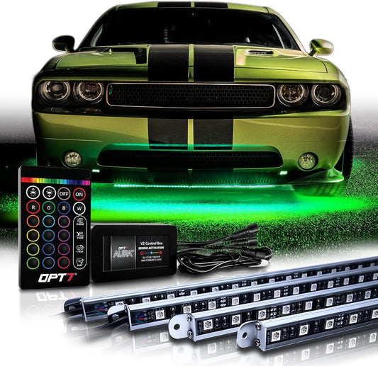 OPT7 Aura Aluminum LED Underglow Kit for Car with Remote Control, Exterior Neon Accent Under Glow Lights, Rigid Waterproof Strip Lights, Music Soundsync Mode, Multicolor RGB Light Bars