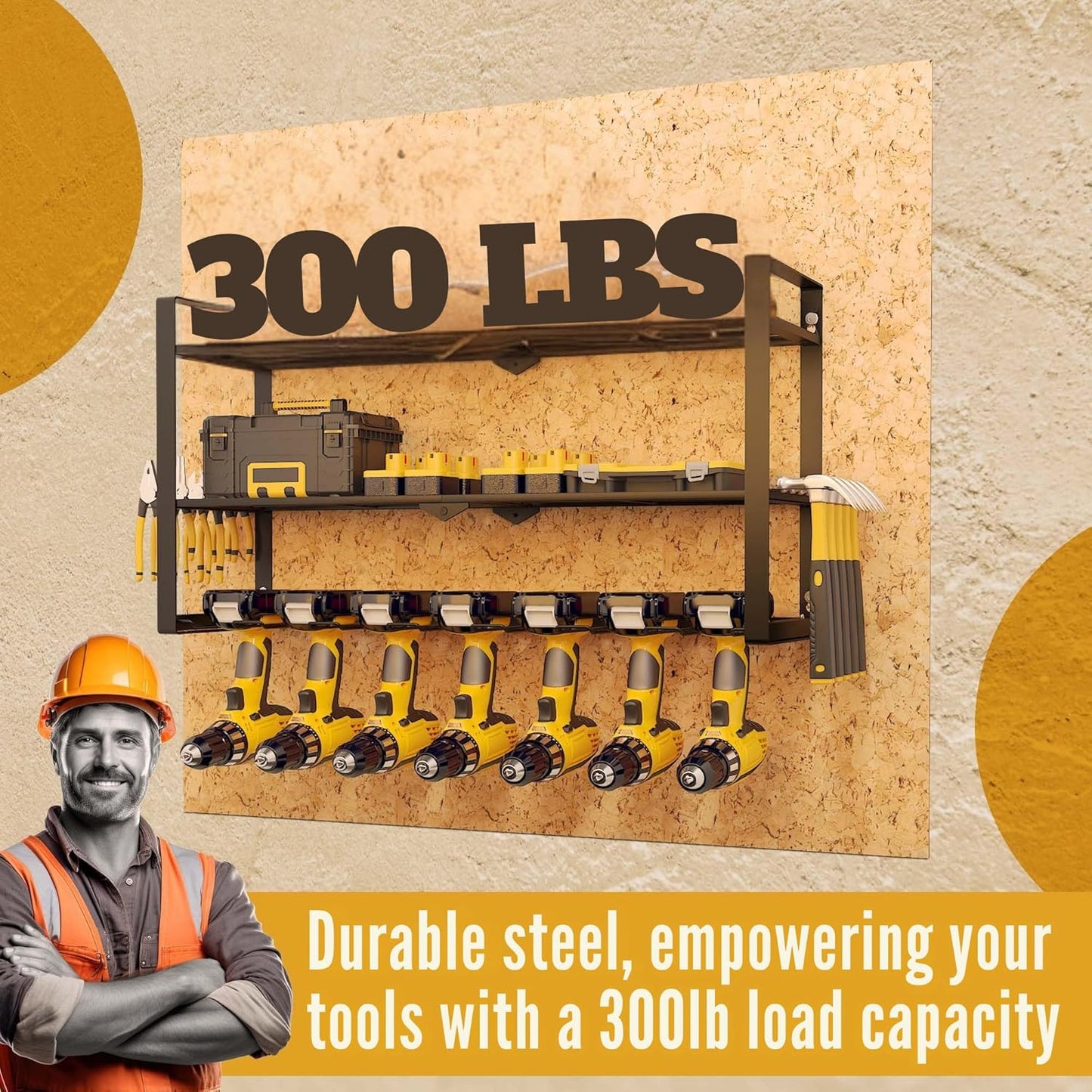 Power Tool Organizer Wall Mount 3 Tier 7 Drill Holders support up to 300Lbs - Metal Cordless Garage Wall Organizer for Cordless Drill, drill holder Rack Suitable for workshop organizers and storage