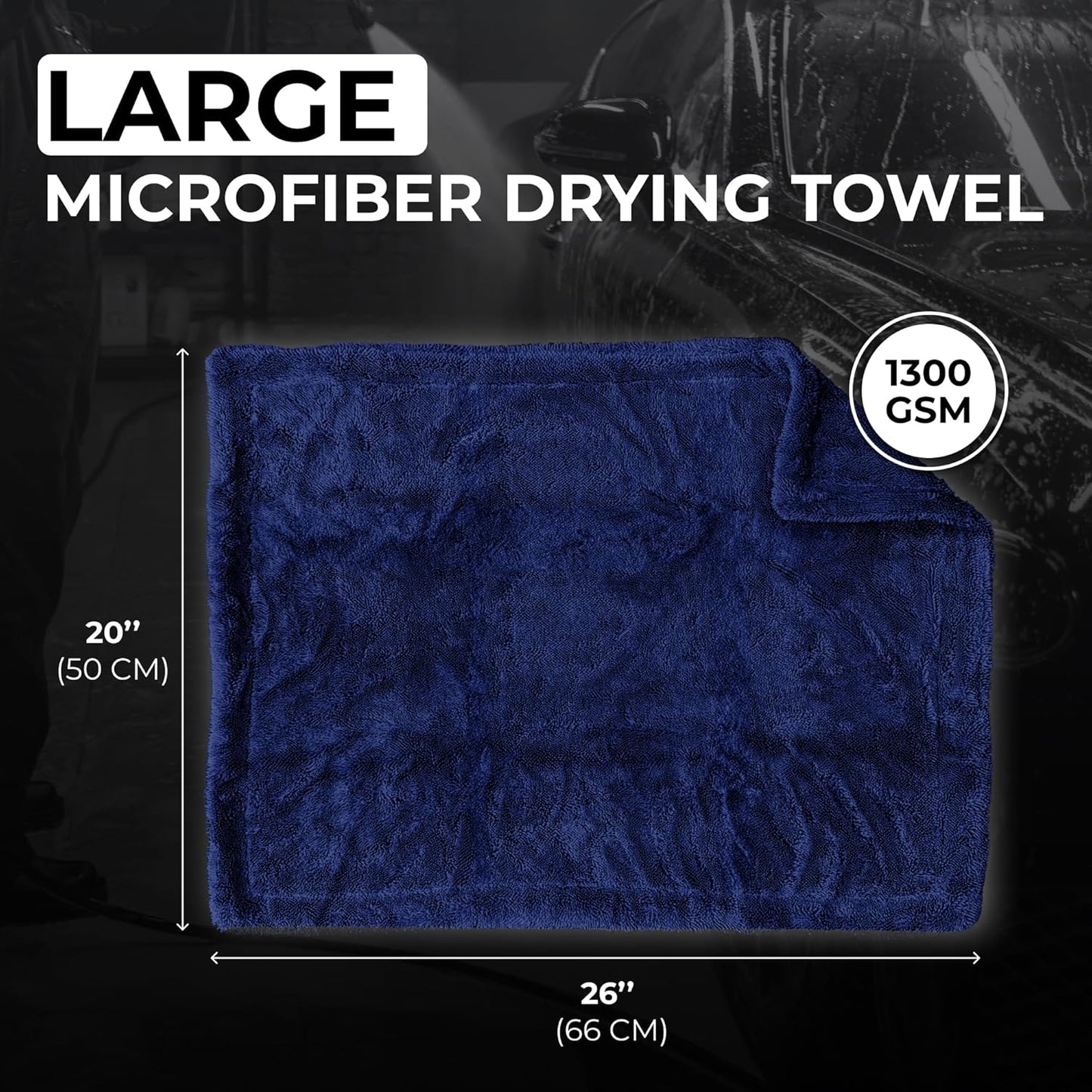 Large Car Drying Towel, 1300 GSM Professional Car Towel with Double Twisted Loop,Super Absorbent Large Microfiber Drying Towels for Cars, Trucks, SUVs - 20"x26", Navy