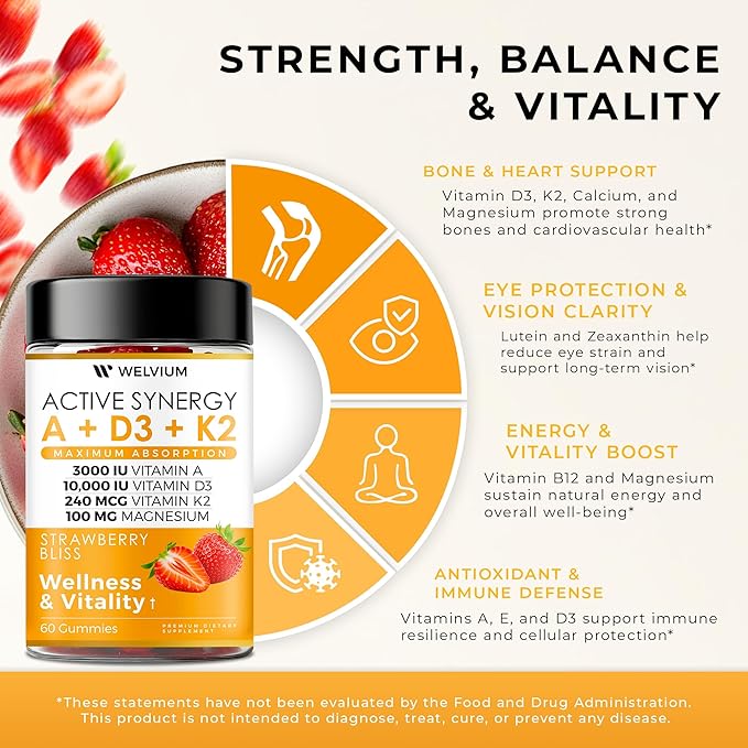 Vitamin D3 K2 Gummies 10000 IU with Magnesium Glycinate, Calcium, B12, K2 MK-7, Vitamins A, E, Lutein, Zeaxanthin - ADK Chewable Supplement for Bone, Heart, Eye, Immune Support - D3K2 Gummies
