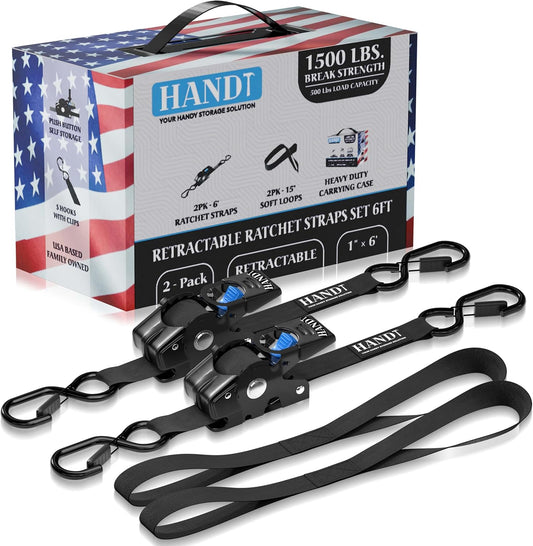 HandT USA Based Retractable Ratchet Straps (2PK) 1in x 6ft - 1,500lb Break Strength, Heavy Duty Automatic Ratchet Straps Self Retractable Tie Down, Push Button Retracting Truck Trailer Cargo | Black