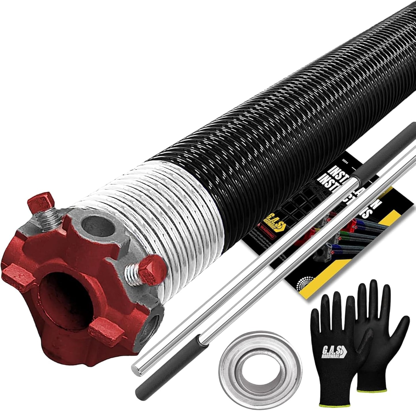 Garage Door Torsion Spring 218x1.75x33 Includes 1” Steel Bearing, Non-Slip Gloves, and Winding Bars for Left Side of Garage Door Precision E-Coating 5-Year Warranty Min. 30,000 Cycles (Red Cone)