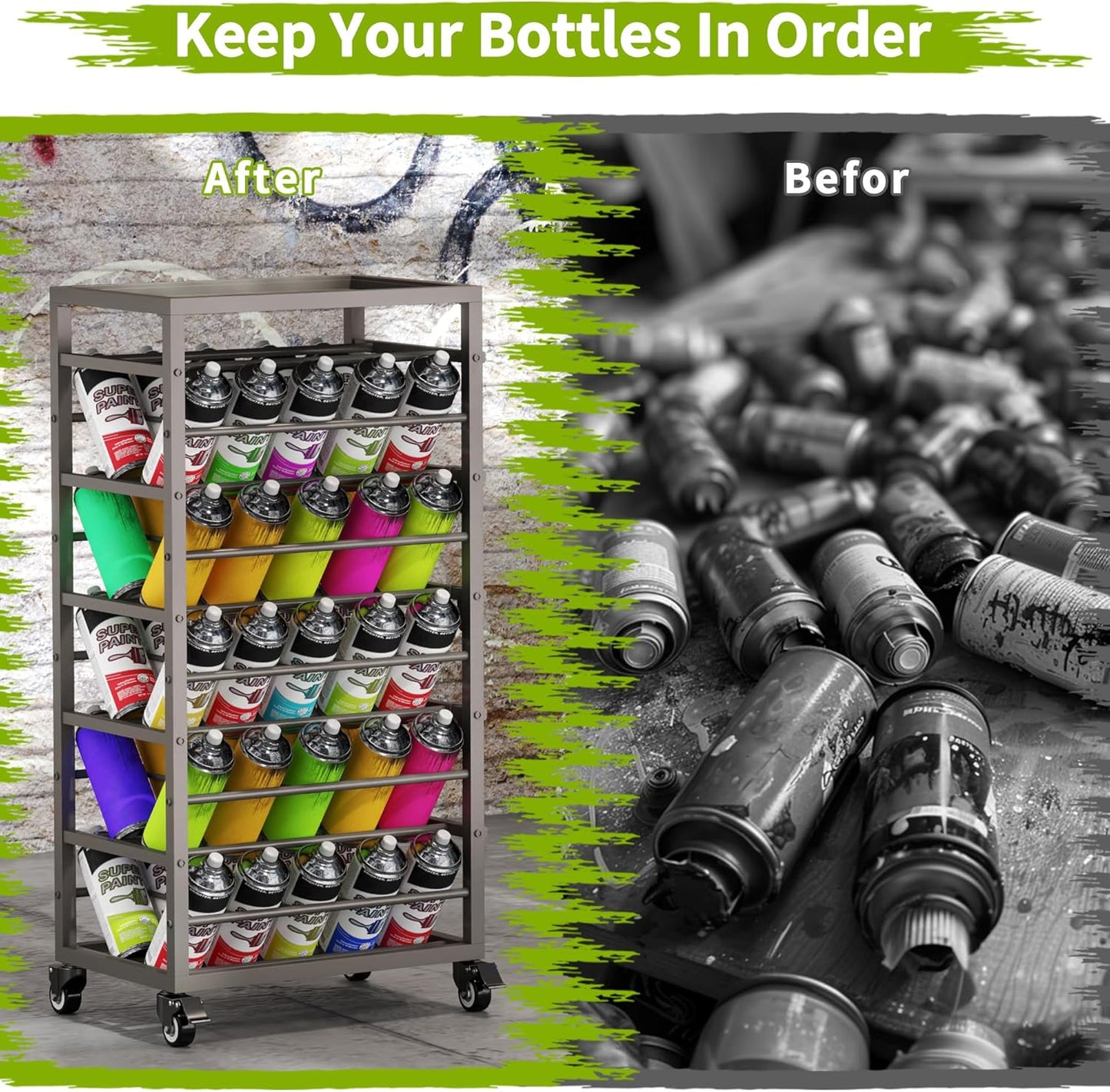 yeshine 50 Can Spray Paint Storage Rack, Metal Aerosol Storage Cart, Rolling Spray Bottle or Lube Holder, Aerosol Can Holder Rack, Paint Bottle Organizer for Garage And Craft Workroom