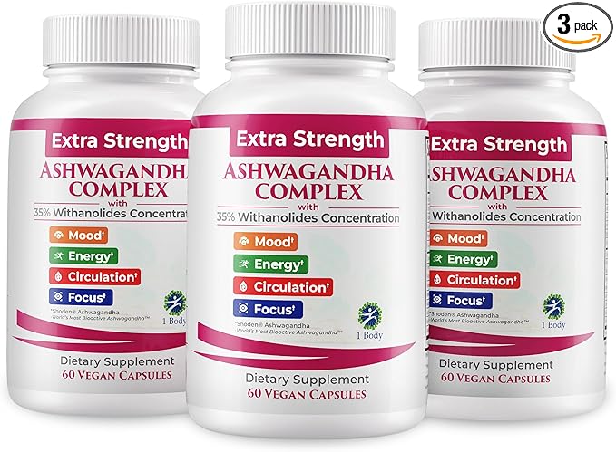 1 Body Ashwagandha Complex Supplement, Focus and Energy Support, 180 Vegan Capsules
