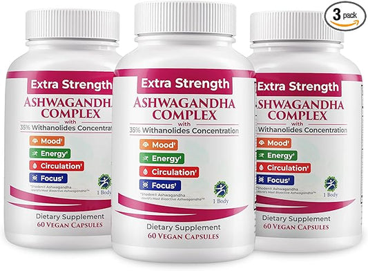 1 Body Ashwagandha Complex Supplement, Focus and Energy Support, 180 Vegan Capsules