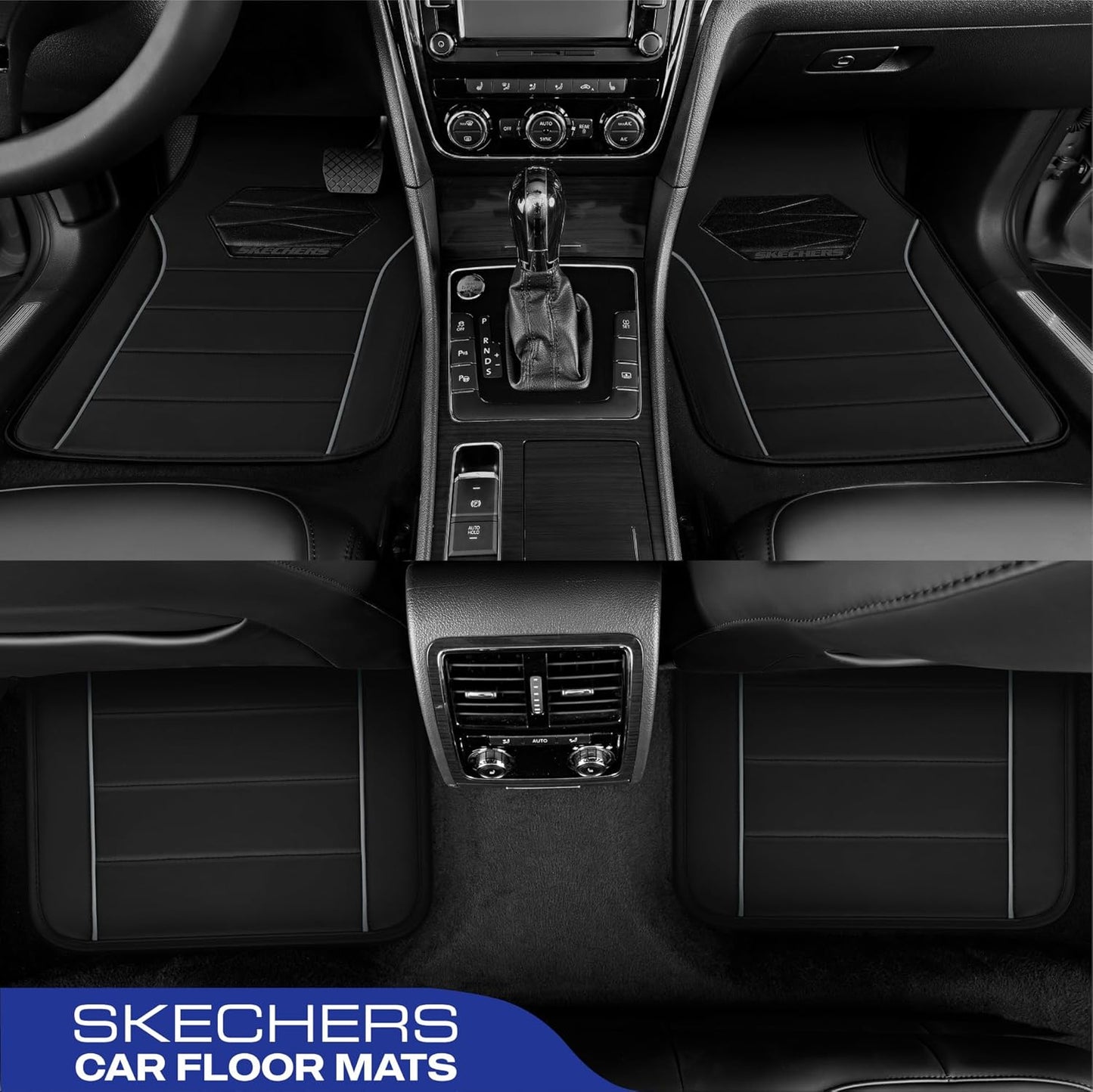 Skechers Memory Foam Car Mats,Leather Piping Floor Mats with Anti-Slip Pad,Universal Waterproof Fit Automotive Floor Mats for SUV,Vans,sedans,Trucks,Full Set 4pcs Grey