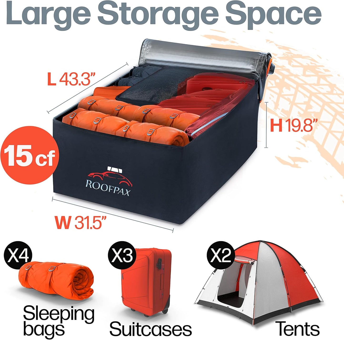 RoofPax Car Rooftop Cargo Carrier Bag Waterproof Storage - Including Double Zippers15 cft. with Heavy-Duty Tie-Down Straps fit Cars with/Without Roof Top Rack or Side Rails.