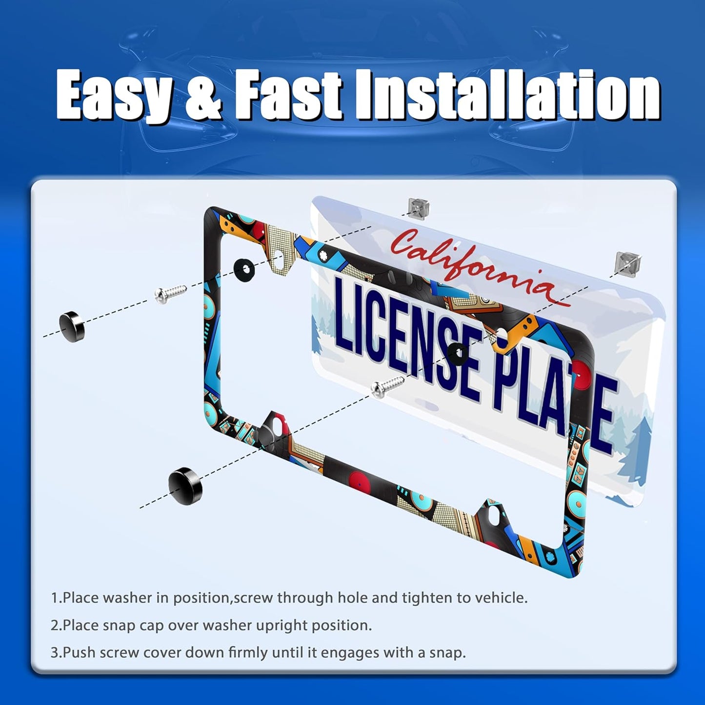 Music License Plate Frame Retro Music Cassettes License Plate Stainless Steel Funny License Plate Holder Men Women Colorful Music Car Accessory Decoration 12.3" x 6.3"