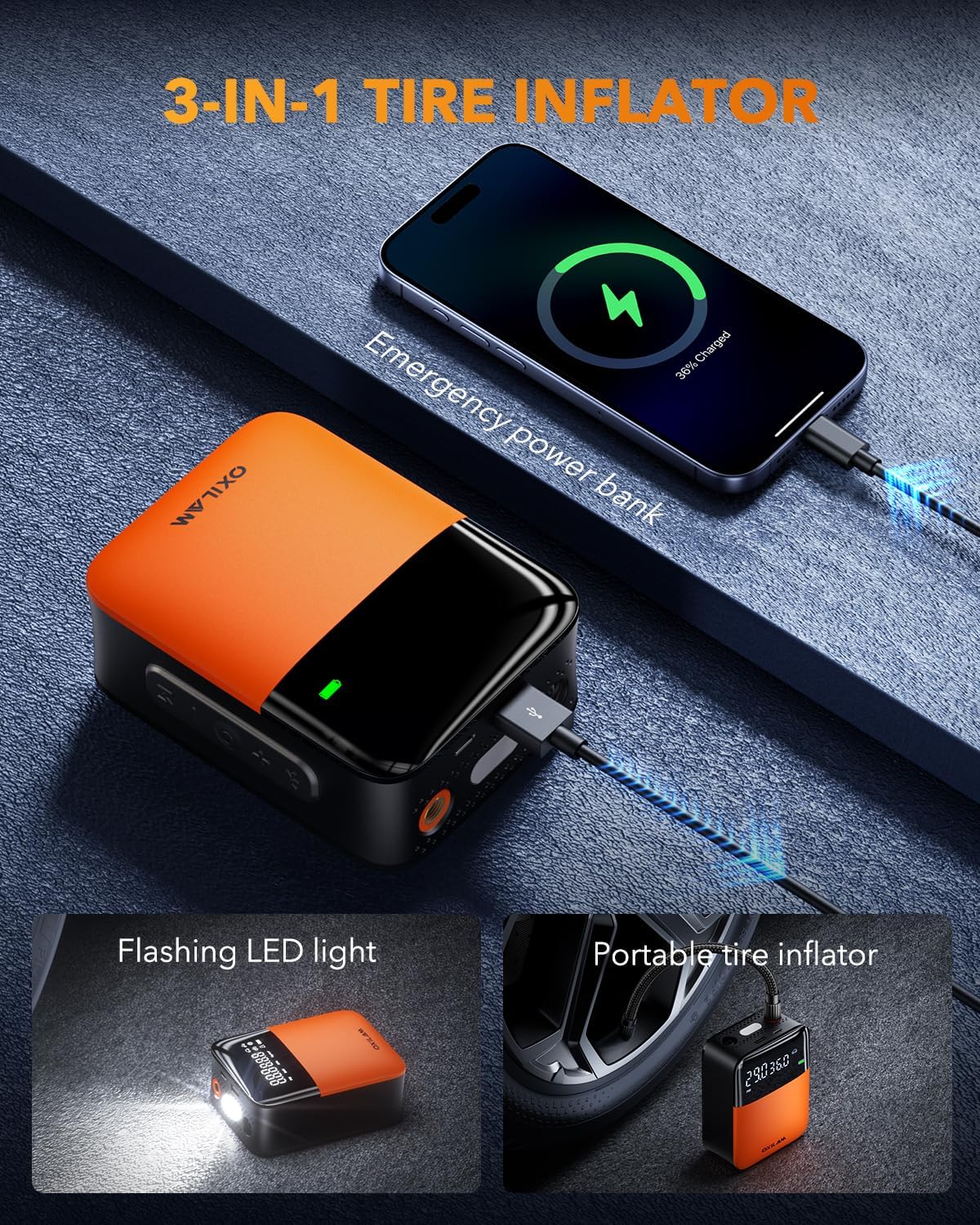 OXILAM C1 Tire Inflator Portable Air Compressor - Rechargeable 3x Faster Air Pump For Car Tires With Tire Pressure Gauge, 150psi Cordless Air Compressor For Car, Motorcycle, Bike, Ball And More