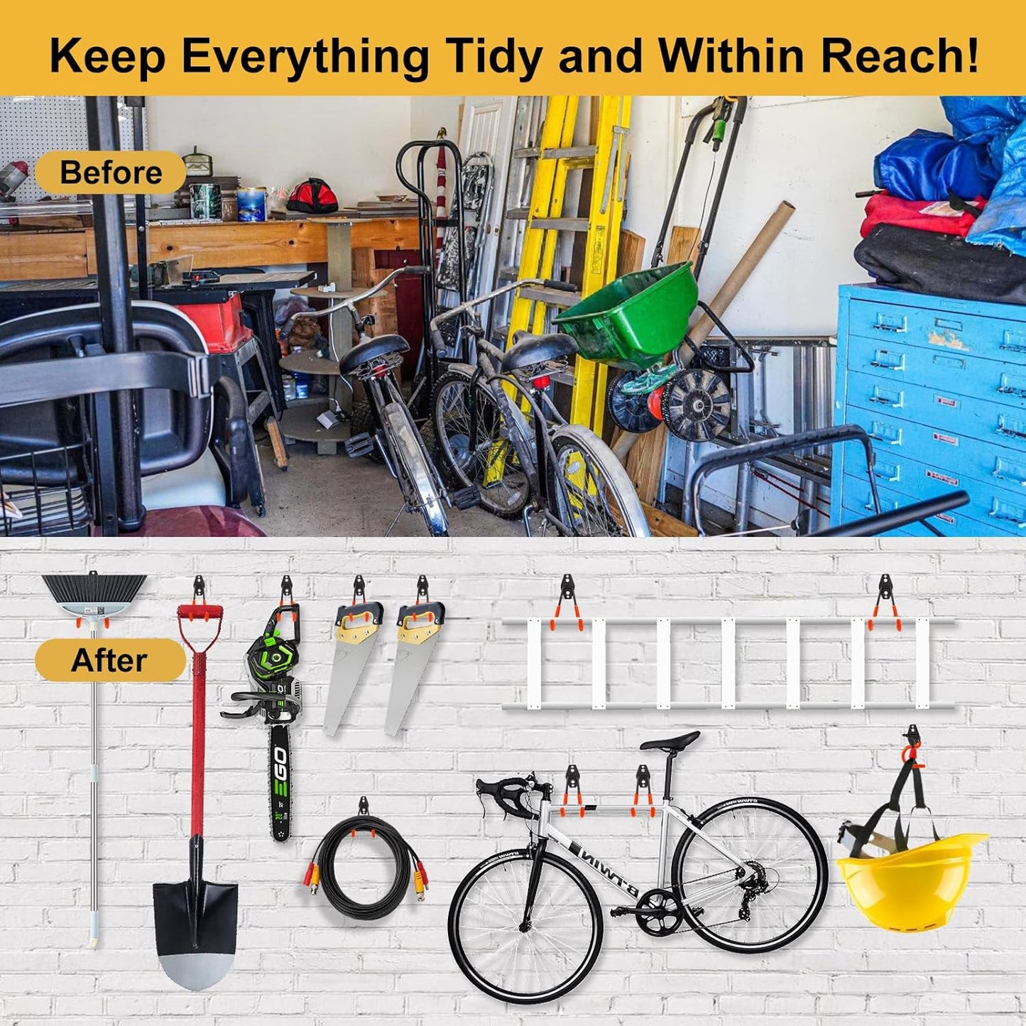 Steel Garage Hooks Wall Tool Organizer, 12 Pack Garage Storage Hook Heavy Duty Utility Storage Hangers Orange for Ladders, Ropes, Garden Tools