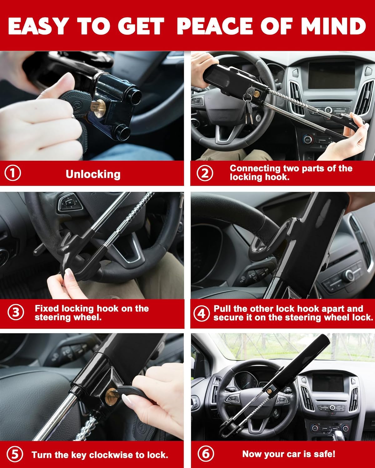 Tevlaphee Steering Wheel Lock Anti-Theft Car Device Heavy Duty Security Car Lock Antitheft Locking Devices Great Deterrent Adjustable Car Wheel Lock Anti Theft for Vehicle Truck with 3 Keys(Black)