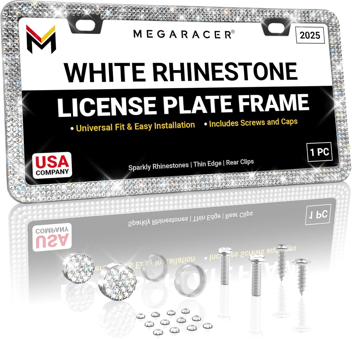 Sparkly Bling License Plate Frame for Women - 1 Pack, 800 Premium Rhinestones, Rust-Free Stainless Steel, Street Legal & Slim Design, Girly Bedazzled Diamond Car Tag Holder with Glitter Crystal Covers