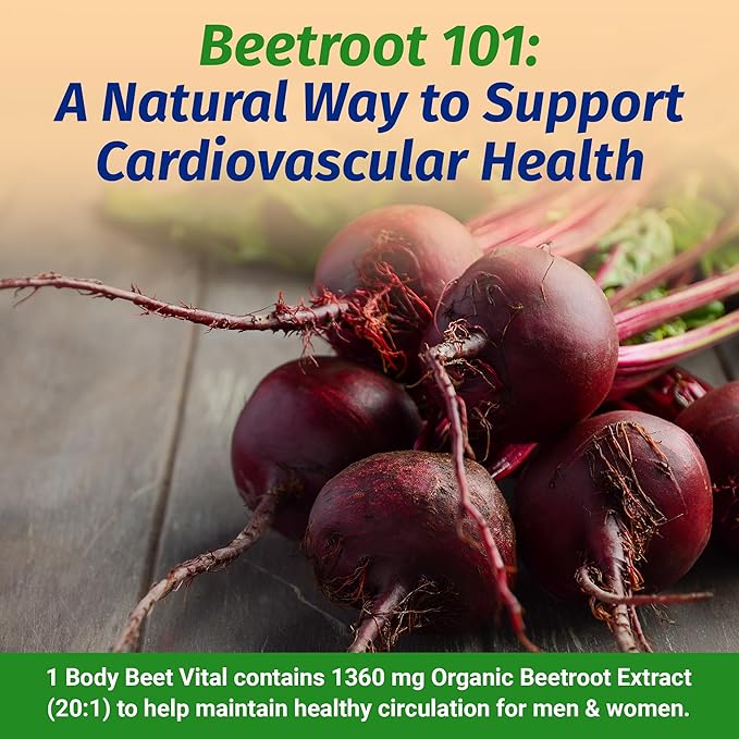 1 Body Beet Vital, Organic Beet Root Supplements for Circulation, Energy, & Stamina, Nitric Oxide Booster Beets Supplements with 1360mg Beetroot Extract, Vegan, Non-GMO, 60 Beetroot Capsules