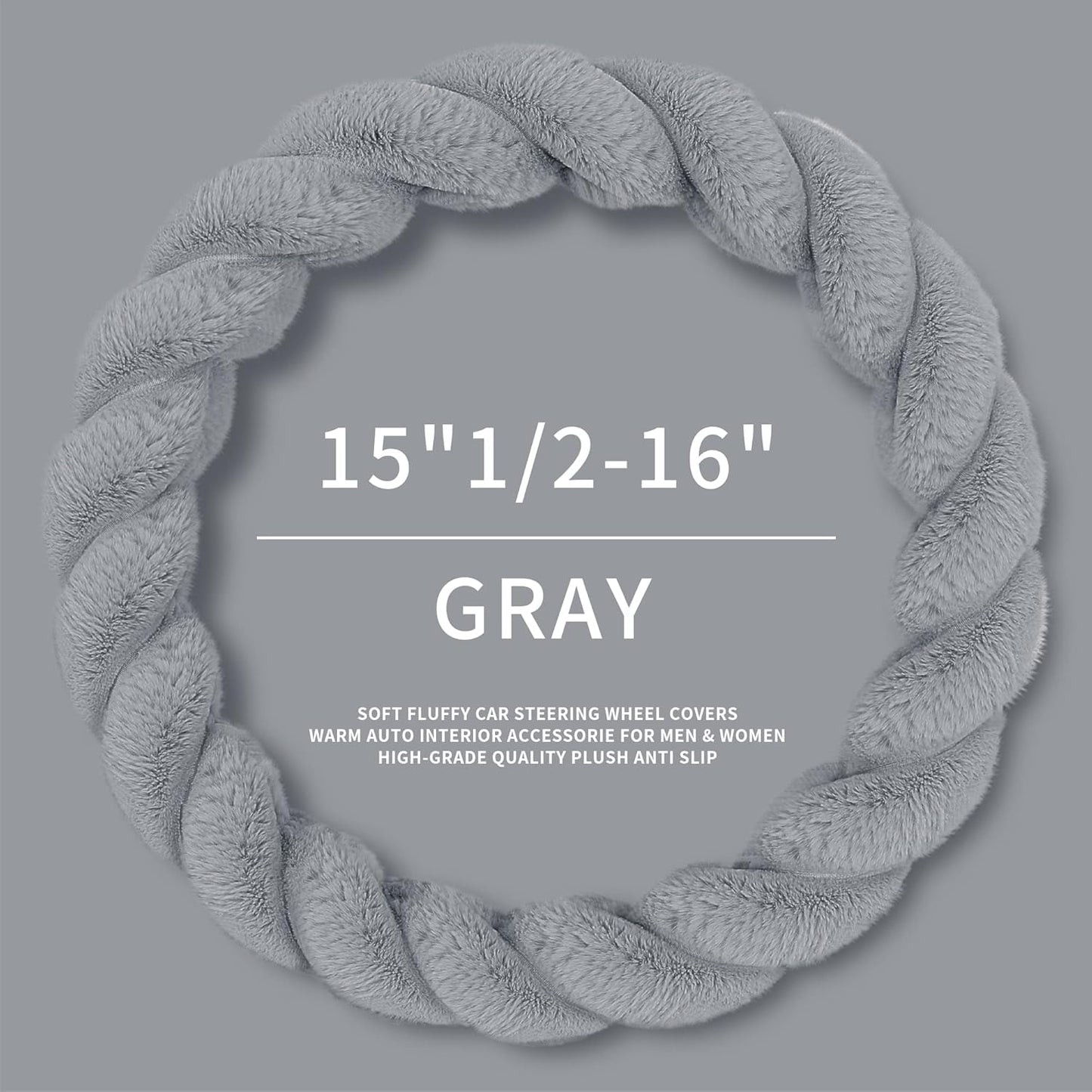 Luxury Fluffy Winter Car Steering Wheel Cover for Women Soft Warm Cute Auto Accessories for Jeep, Truck, Van, F150, Universal, Fuzzy, Anti Slip, Gray, Large Size, 15.2-16in