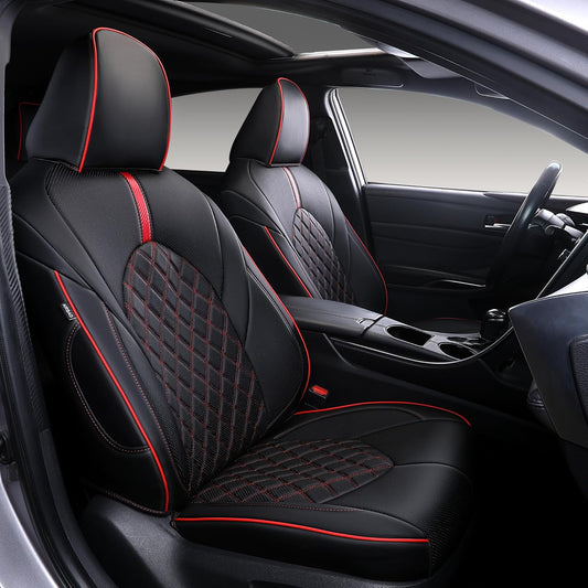 Custom Fit Camry Seat Covers for Toyota Camry LE,SE,SE Nightshade 2018-2024 Full Coverage Waterproof Breathable Leather Car Seat Covers Full Set(Black with Red Trim)
