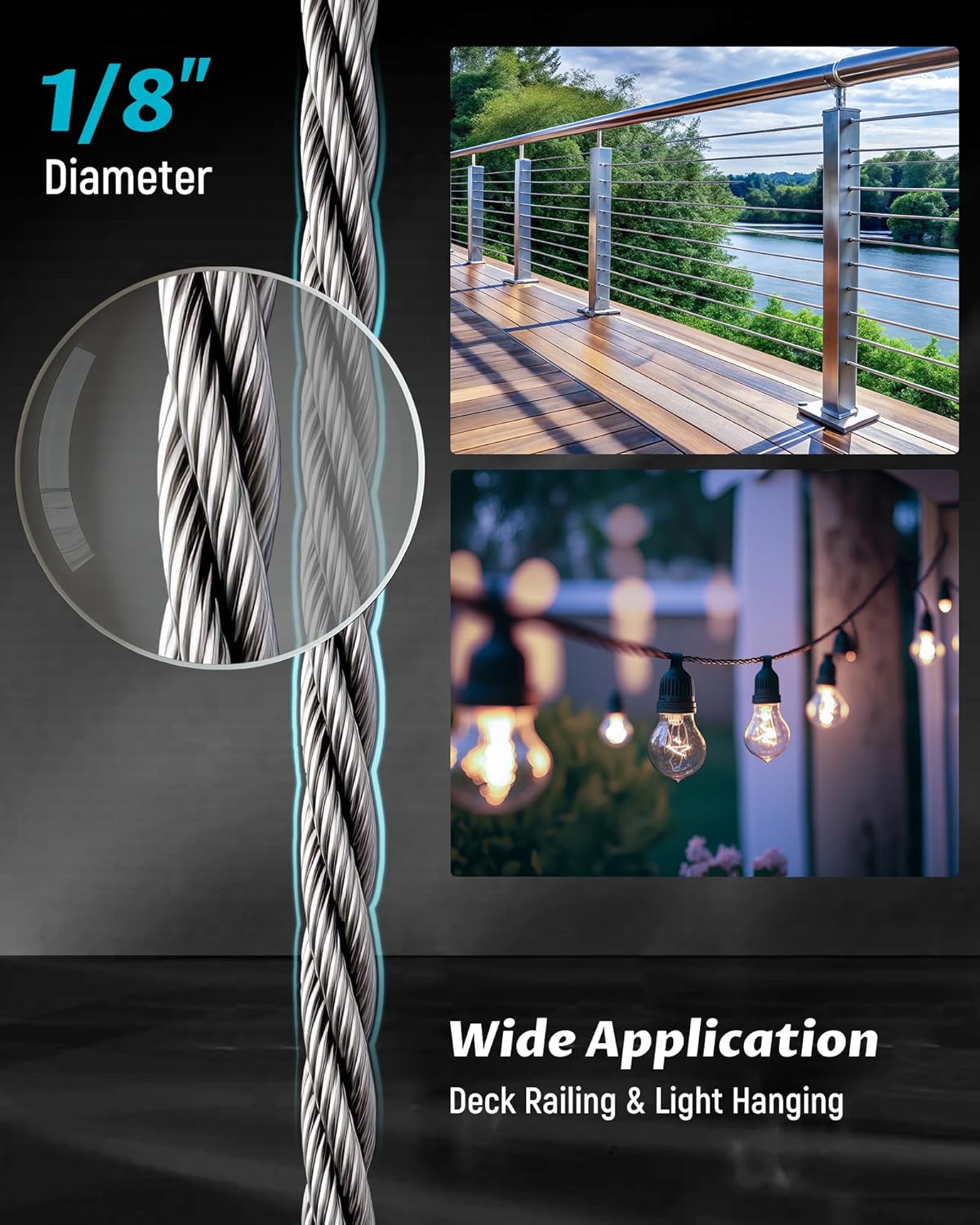 Lichamp 250FT 1/8" Stainless Steel Wire Rope Cable, Aircraft 316 SS Braided Steel Wire Thin Metal Cable Hardware for Deck Railing Handrail Safety System, SSC250