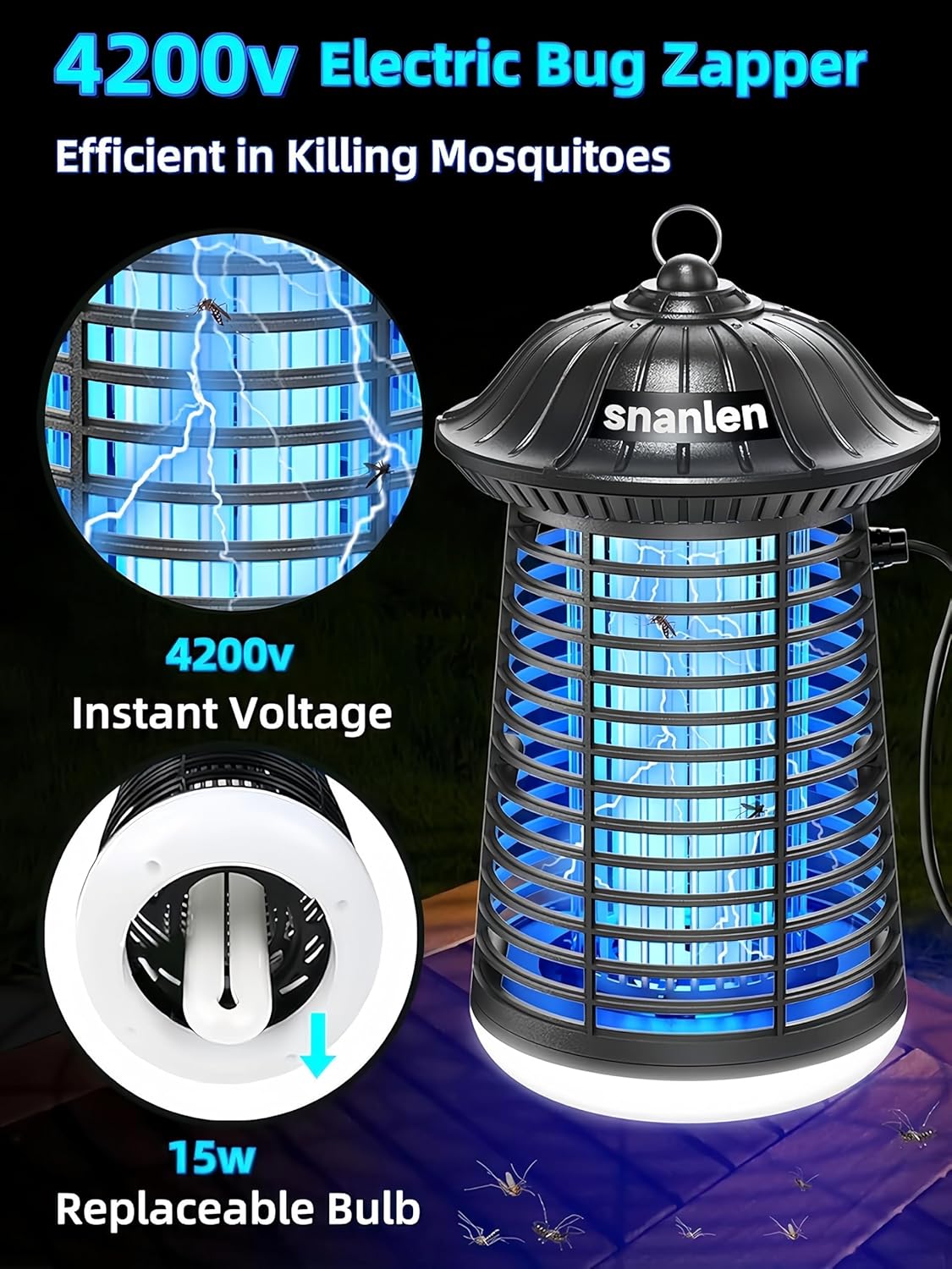 Bug Zapper Outdoor Indoor, 4200V Electric Mosquito Zapper Outdoor with LED Light, Electric Fly Zapper, Fly Traps, ABS Plastic, Plug in Mosquito Killer for Patio, Yard, Garden, Home