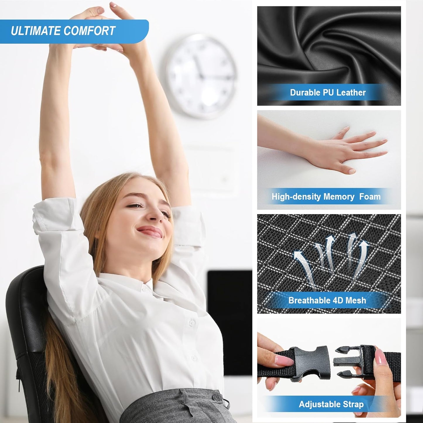 Memory Foam Lumbar Cushion Provides Lower Back Pain Relief and Comfortable Support for Driving, Chair Support for Car-Office Chair, Wheelchair - Sleek Black