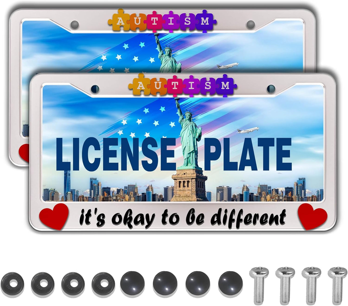 Automotive Exterior Accessories Multicolor License Plate Frames Autism It’s Okay to Be Different Aluminum Metal Car Accessory 2 Pack with Screw Covers Set
