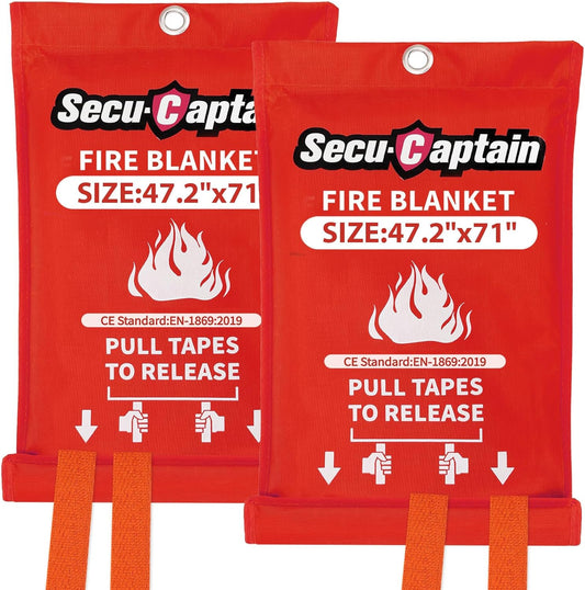 SecuCaptain Emergency Fire Blanket for Home - 2 Pack 47.2"x71" X-Large Flame Retardant Blankets with Fireproof Tabs for House Camping Kitchen Fire Protection Survival Safety