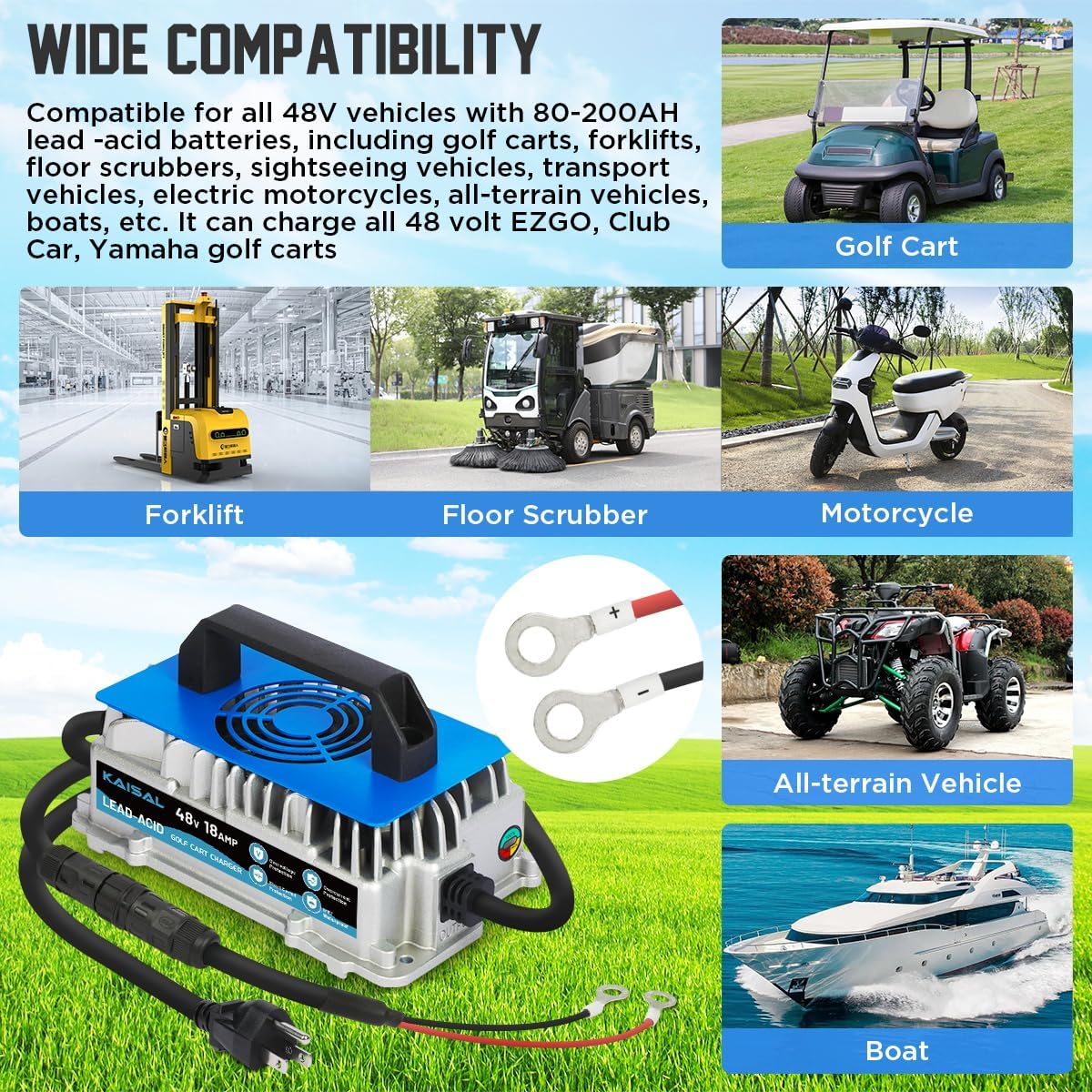KAISAL 48V Charger 1250W 18A Golf Cart Battery Charger for 48 Volt Club Car/EZGO/Yamaha Onboard Lead-acid Golf Cart Charger with M8 Terminal for all 48V Vehicles, Forklift, Floor Scrubber, Motor, Boat