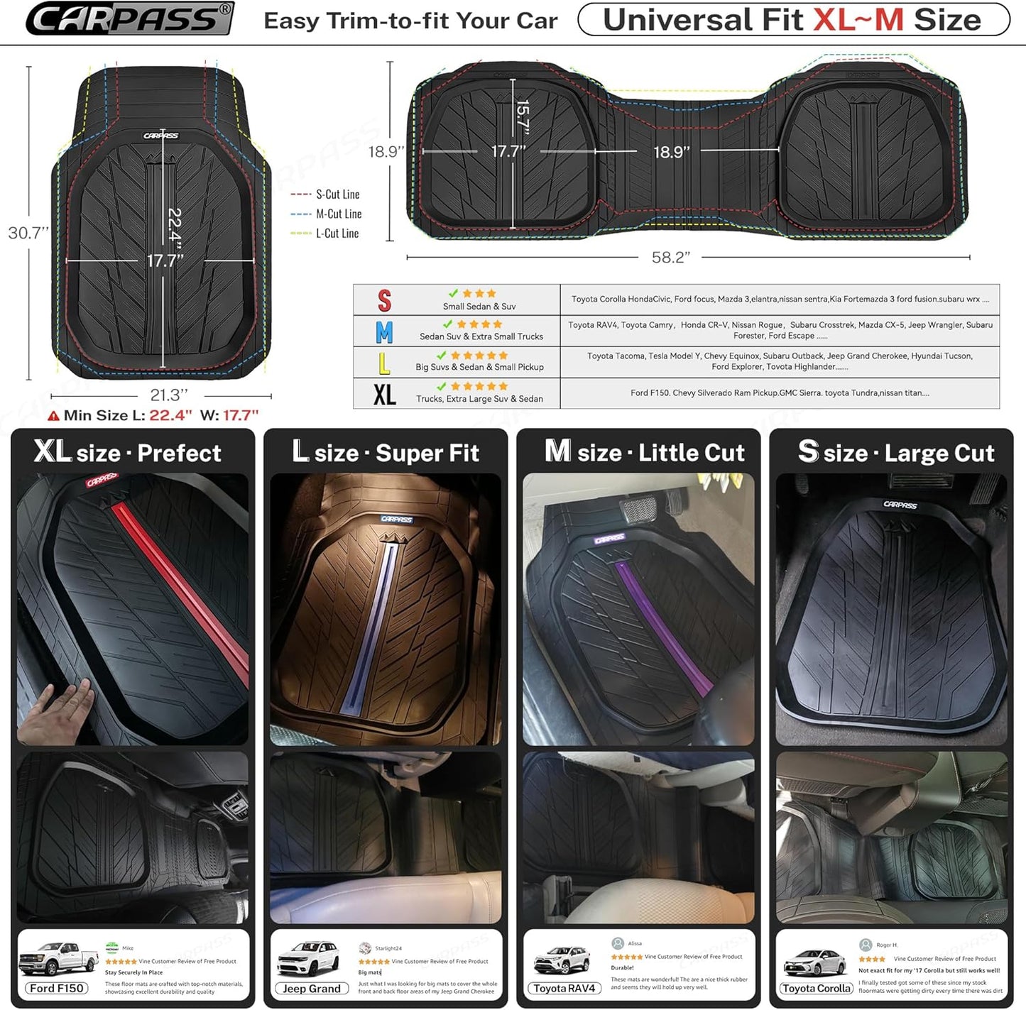 CAR PASS Tire Tread DeepDish Rubber Floor Mats for car Heavy Duty car mats All Weather, Universal XL~M Trim to Fit for Truck SUV Vehicle Automotive, Waterproof car mats 3 Piece (red Black)