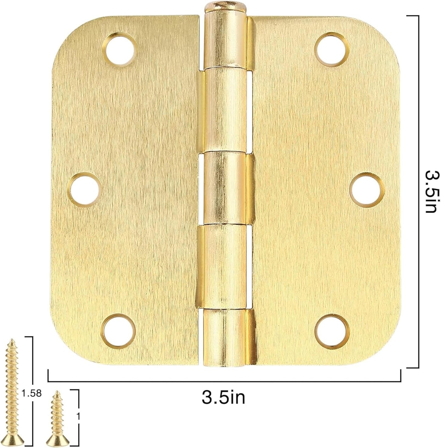 3 Pack Round Door Hinges 3-1/2" x 3.5 inch, 5/8 Radius, Brushed Brass 3 ½ Inch Satin Gold House Interior Hinge for Bed/Living/Guest/Pantry/Storage/Study/Work Room Doors Heavy Duty Iron Hardware Kit