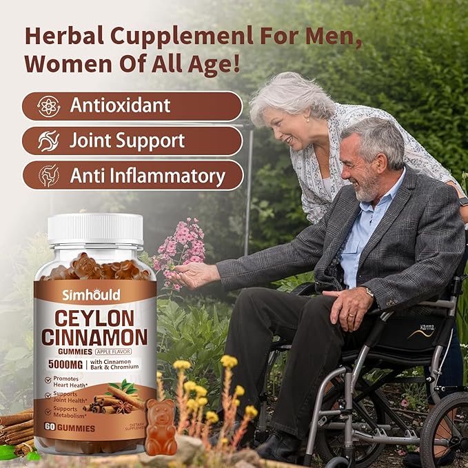 1 Pack Ceylon Cinnamon Gummies 5000MG with Ceylon Cinnamon & Cassia,Joint Support,Cinnamon Supplement & Brain Health,Vegan,Gluten-Free,Cinnamon Apple Flavor,60 Gummies.