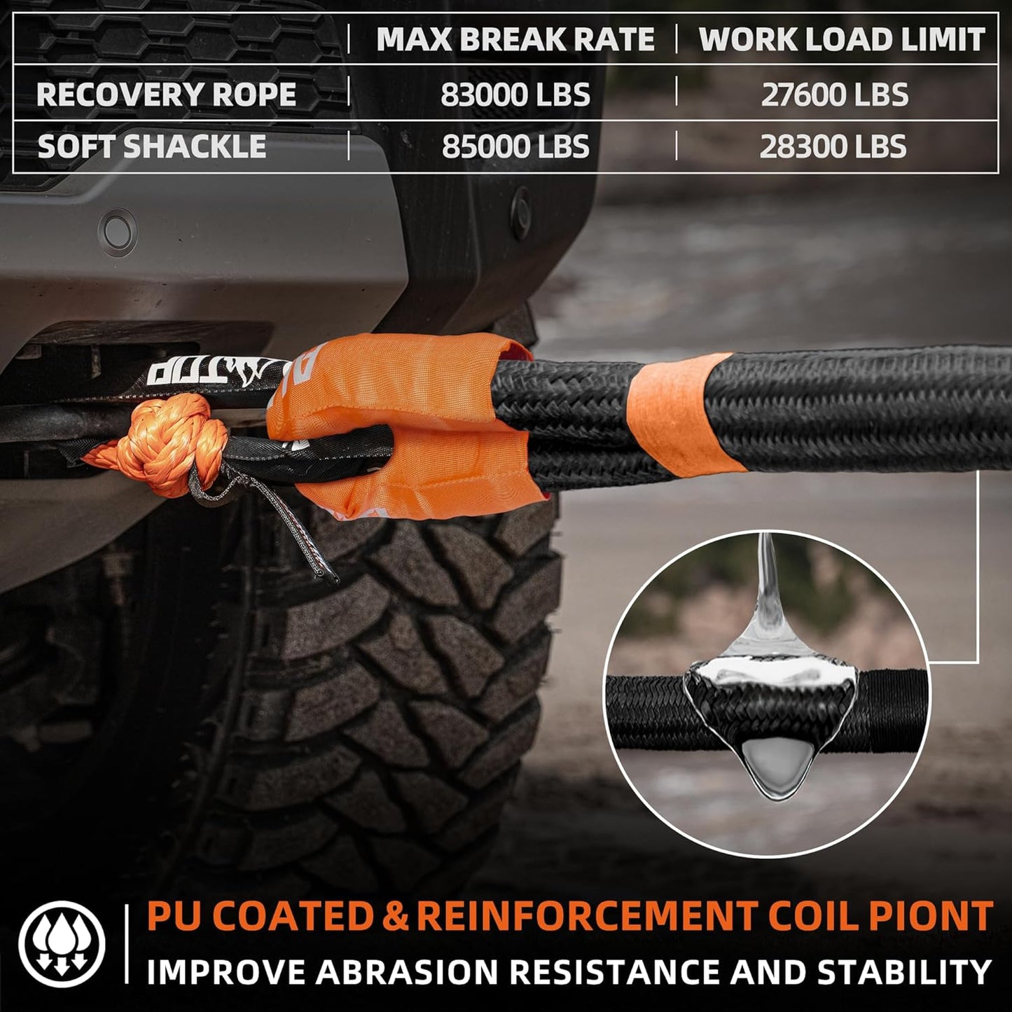 ALL-TOP Kinetic Recovery Rope Kit w/ 2 Soft Shackles, 83000Lbs, 1.5in x 30ft, Heavy Duty 30+% Elasticity, 27600Lbs Work Load Limit for 4x4 Offroad Vehicle(Black)