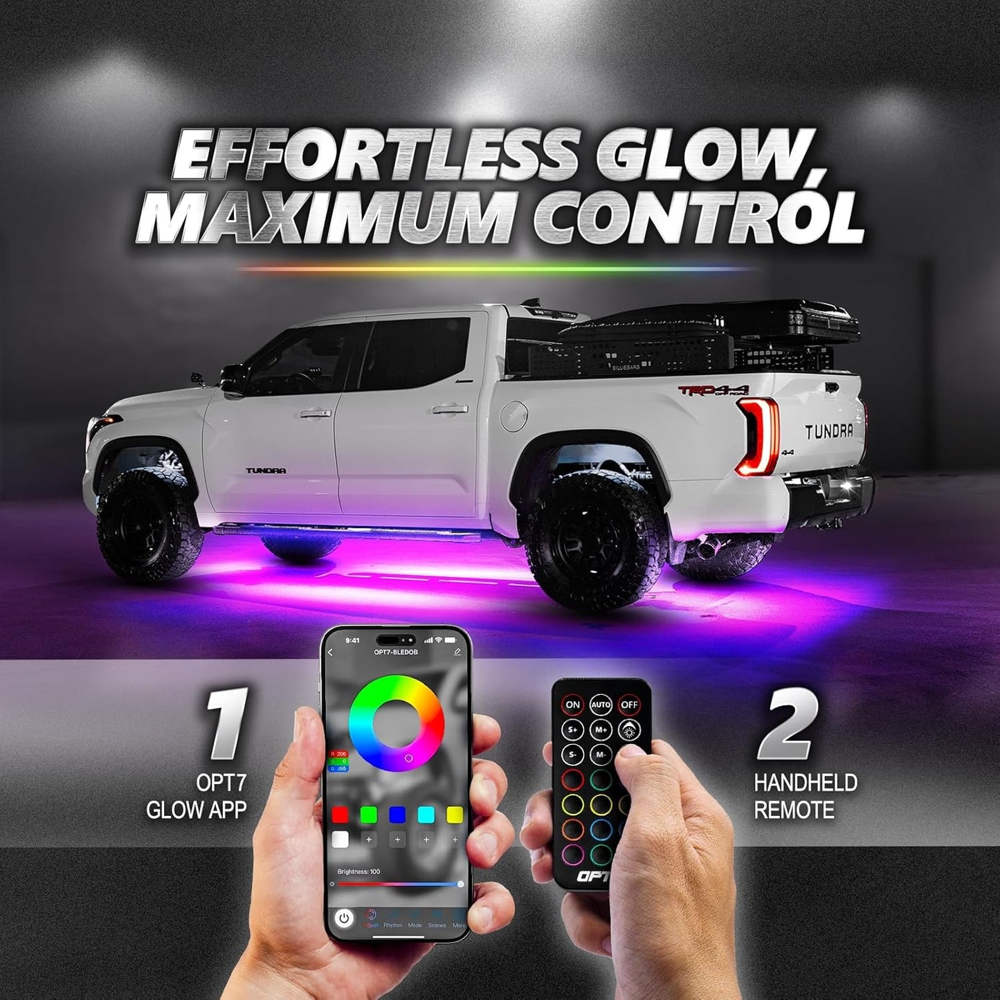 OPT7 Aura Pro Underglow LED Lights Kit for Truck with App & Remote Control, RGB Multicolor Music Modes, Waterproof Rigid Aluminum Light Bar, Exterior Neon Accent Lighting for Regular Extended Cab