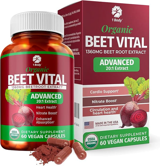 1 Body Beet Vital, Organic Beet Root Supplements for Circulation, Energy, & Stamina, Nitric Oxide Booster Beets Supplements with 1360mg Beetroot Extract, Vegan, Non-GMO, 60 Beetroot Capsules