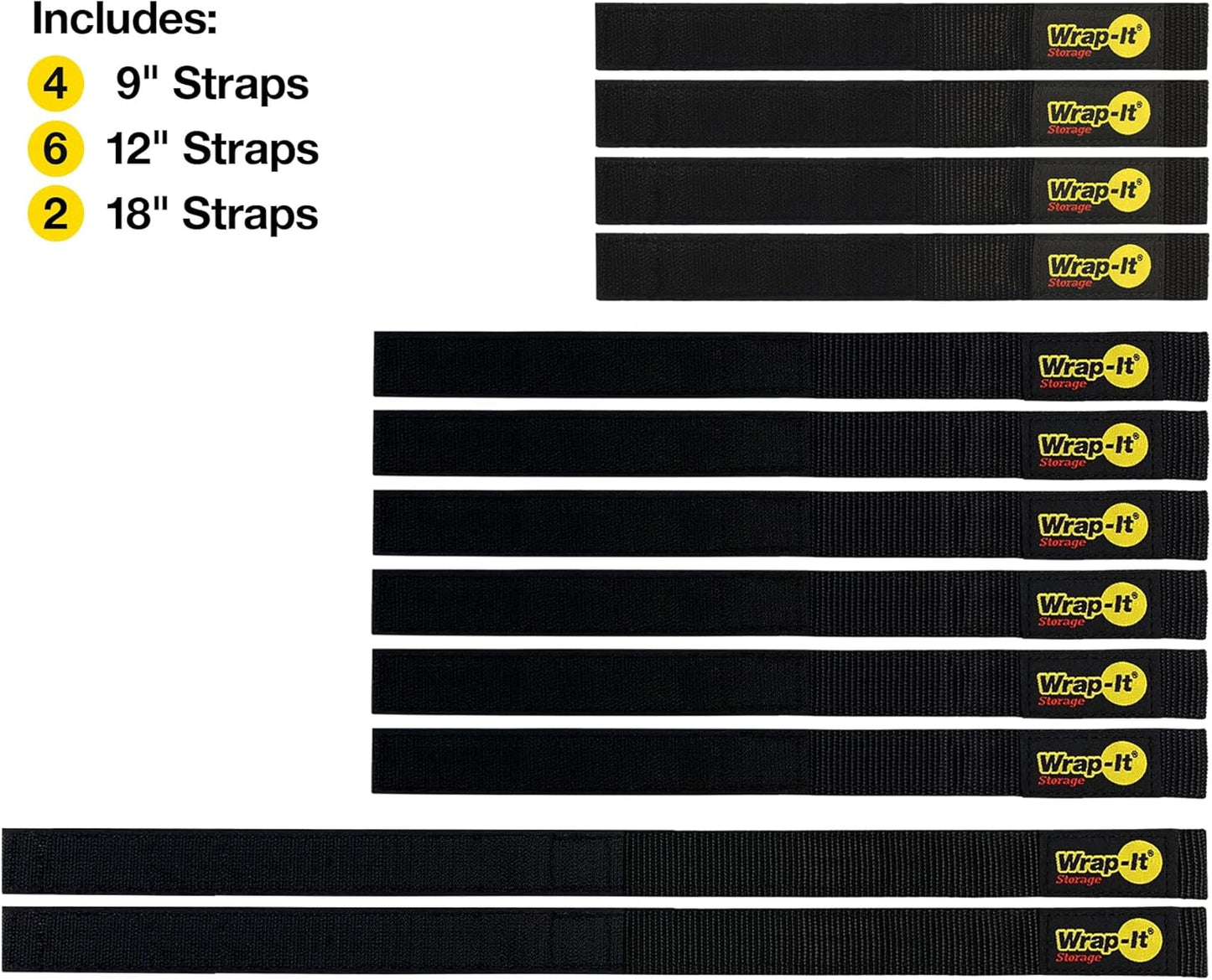 Quick-Straps by Wrap-It Storage - Assorted 12-Pack Black - Hook and Loop Hose and Cable Organizers