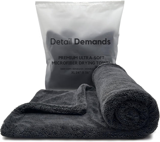 Extra Large Car Drying Towel - 1400 GSM Edgeless Twisted Loop Design - 70/30 Blend Microfiber Towels for Cars, Trucks, SUVs - Superior Absorption, Streak-Free - 24" x 36", Black