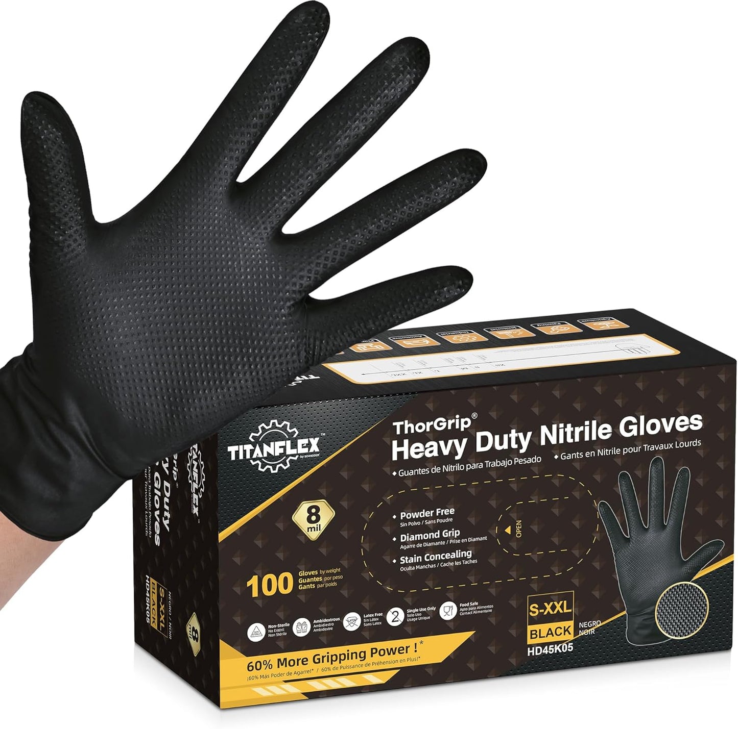 TitanFlex Thor Grip Heavy Duty Black Industrial Nitrile Gloves with Raised Diamond Texture, 8-mil, Latex Free