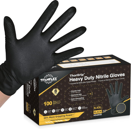 TitanFlex Thor Grip Heavy Duty Black Industrial Nitrile Gloves with Raised Diamond Texture, 8-mil, Latex Free