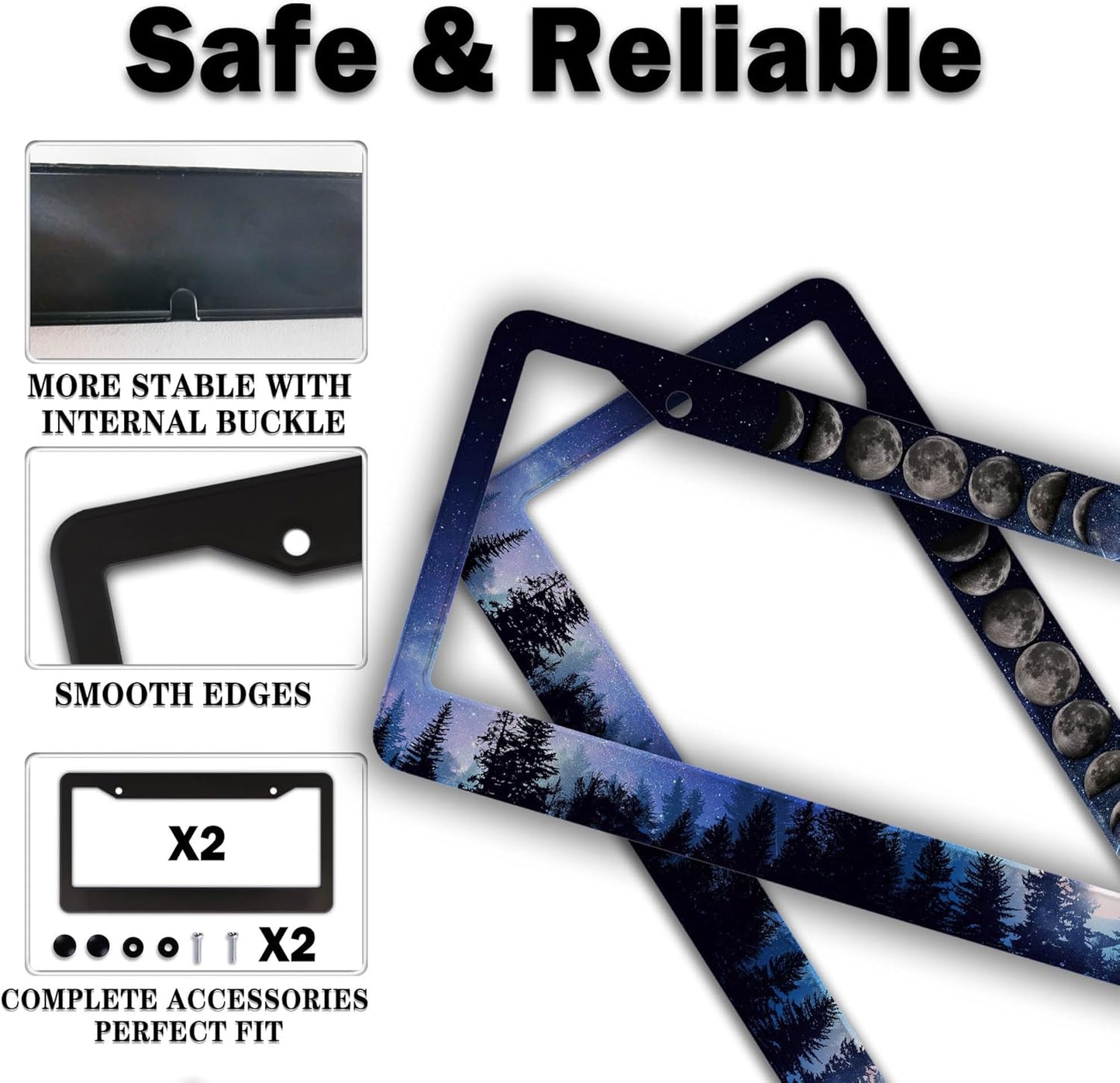 License Plate Frame Multicolor License Plate Cover Forest Starry Night Moon Phase Universal Aluminum Car Accessory 2 Pack with Screw Covers Set