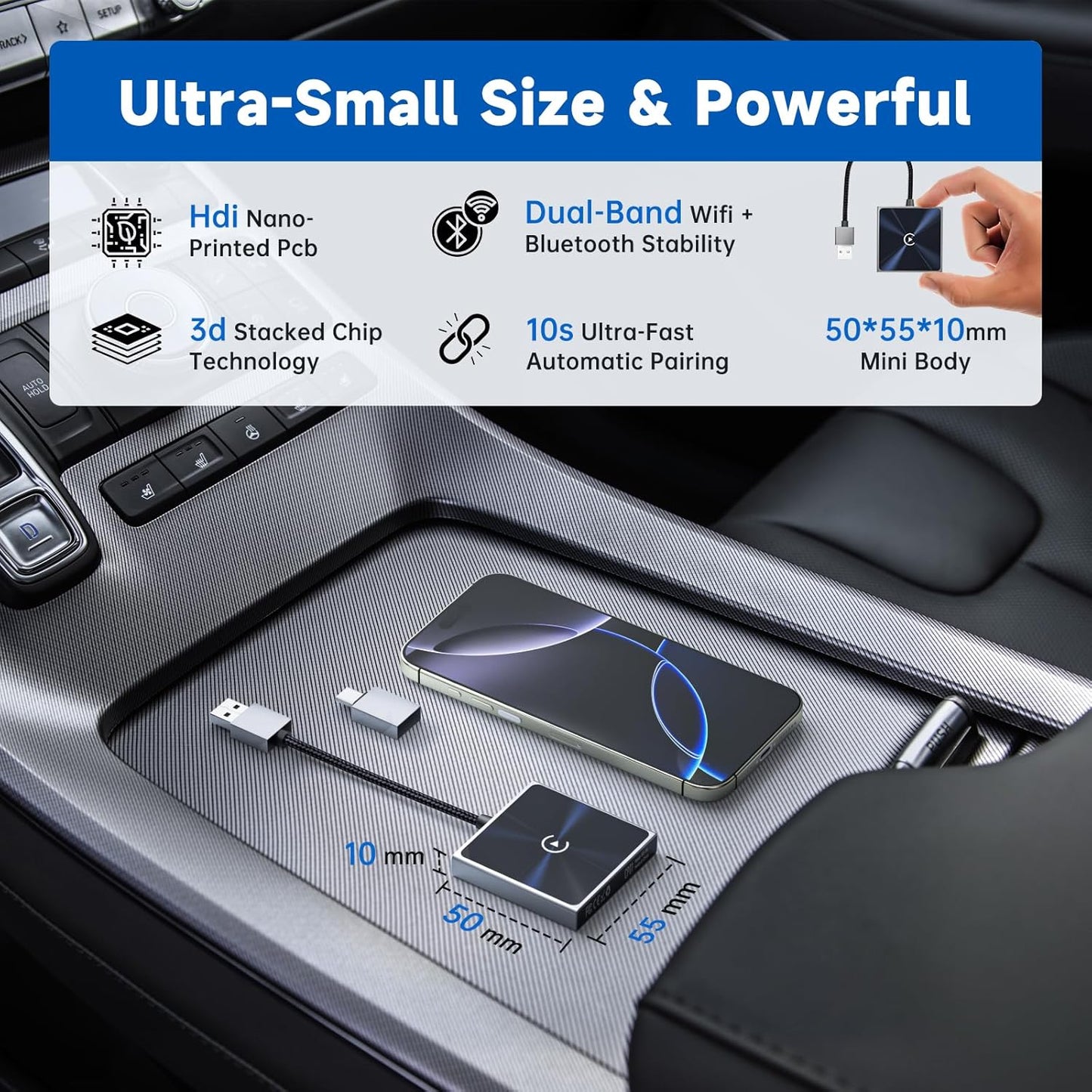 Wireless CarPlay Adapter for iPhone– Super mini 2 in 1 Plug Convert Wired to Wireless Car Play Dongle for Apple iOS 10+ , Instant Connectivity, Fit for Cars with Built-in CarPlay, Black Silver