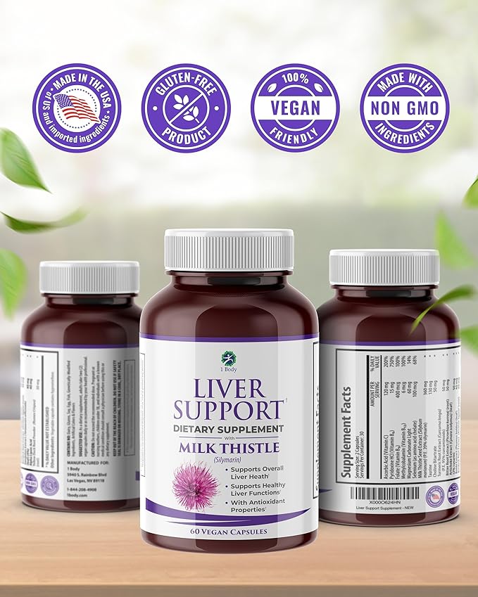 1 Body Liver Support Supplement – Milk Thistle, Dandelion Root & Artichoke for Liver Cleanse & Function, Natural Liver Health Formula, Non-GMO, Vegan 60 Capsules